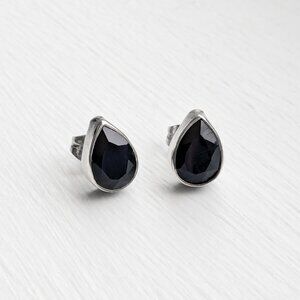 Faceted Obsidian and 925 Sterling Silver Gothic Black Tear Drop Stud Earrings